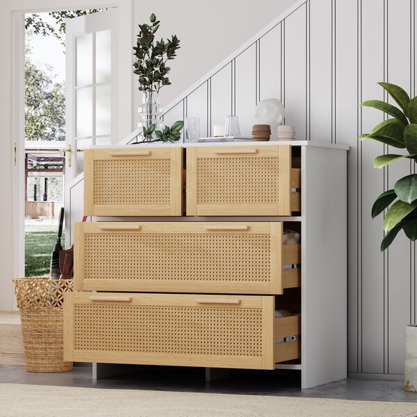 Credenza Boho Moderna in Rattan con 4 Cassetti e Maniglie in Legno Massello, 80x38x80 cm, Naturale+Bianco|Aosom