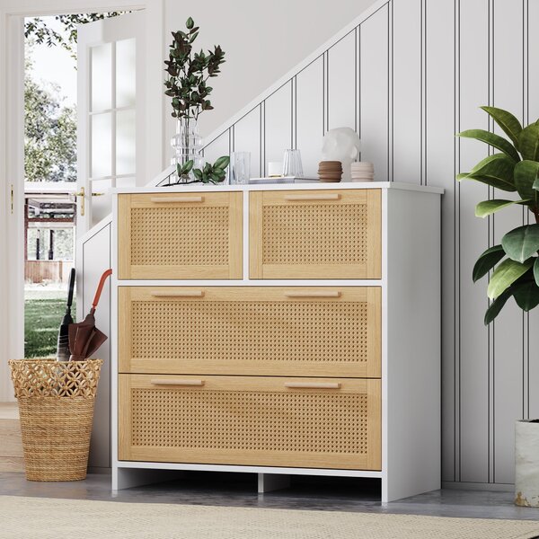 Credenza Boho Moderna in Rattan con 4 Cassetti e Maniglie in Legno Massello, 80x38x80 cm, Naturale+Bianco|Aosom