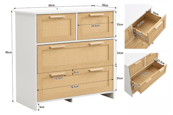 Credenza Boho Moderna in Rattan con 4 Cassetti e Maniglie in Legno Massello, 80x38x80 cm, Naturale+Bianco|Aosom