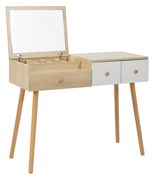 Tavolo da Trucco con Specchio e Cassetti, Grande Capacità, 100x40x78 cm, Naturale+Bianco
