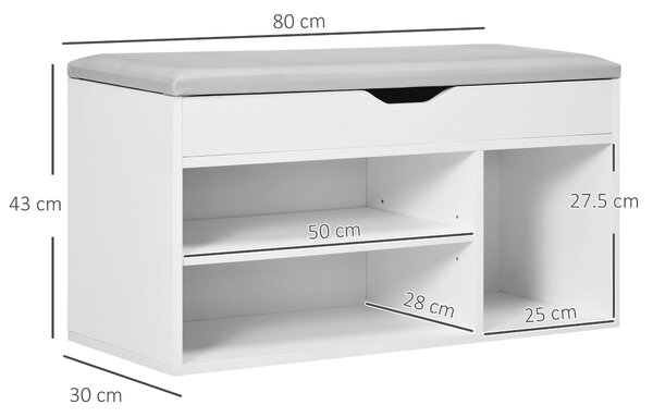 HOMCOM Scarpiera Salvaspazio per Ingresso con Panca Imbottita e Vani Aperti per Organizzazione Ottimale 80x30x43cm Colore Bianco|Aosom