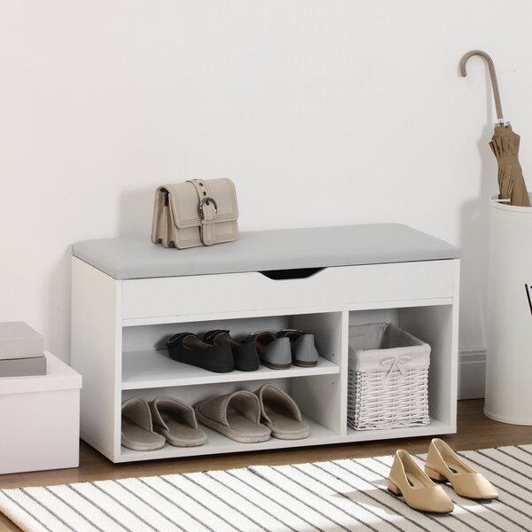HOMCOM Scarpiera Salvaspazio per Ingresso con Panca Imbottita e Vani Aperti per Organizzazione Ottimale 80x30x43cm Colore Bianco|Aosom