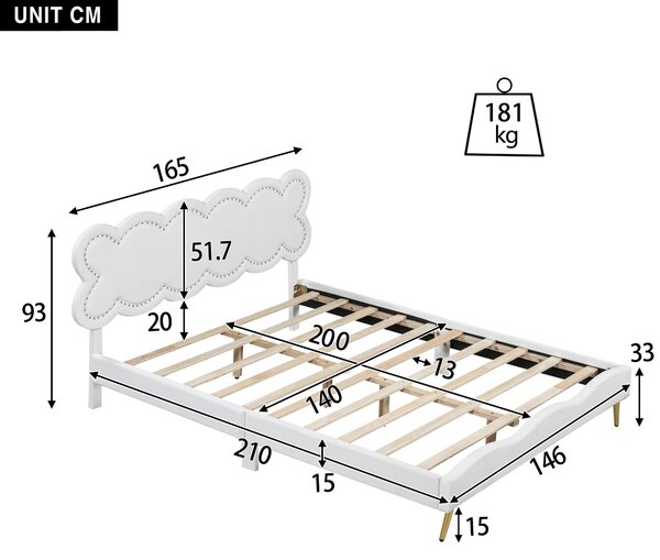 Letto imbottito matrimoniale, testiera cloud, senza materasso, 140×200 cm, Bianco