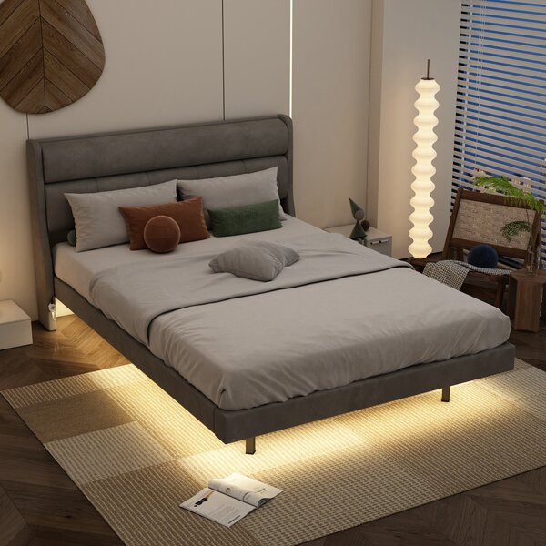 Letto imbottito moderno, con design sospeso e luce sensore, 140×200 cm,senza materasso,Grigio