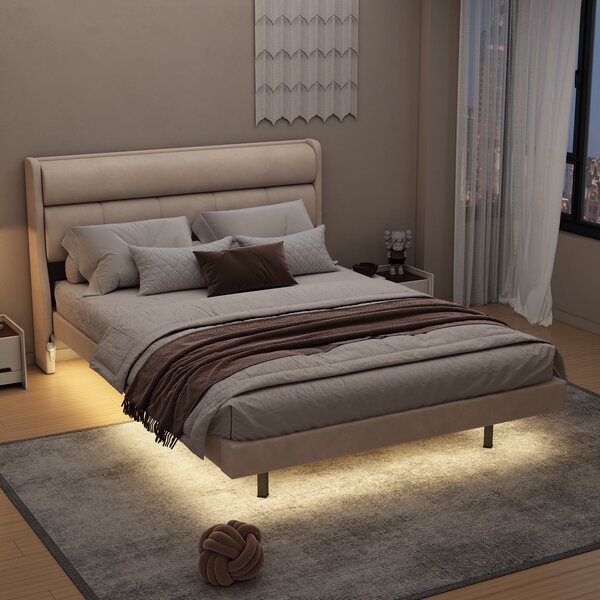 Letto imbottito moderno, con design sospeso e luce sensore, 140×200 cm,senza materasso,Beige