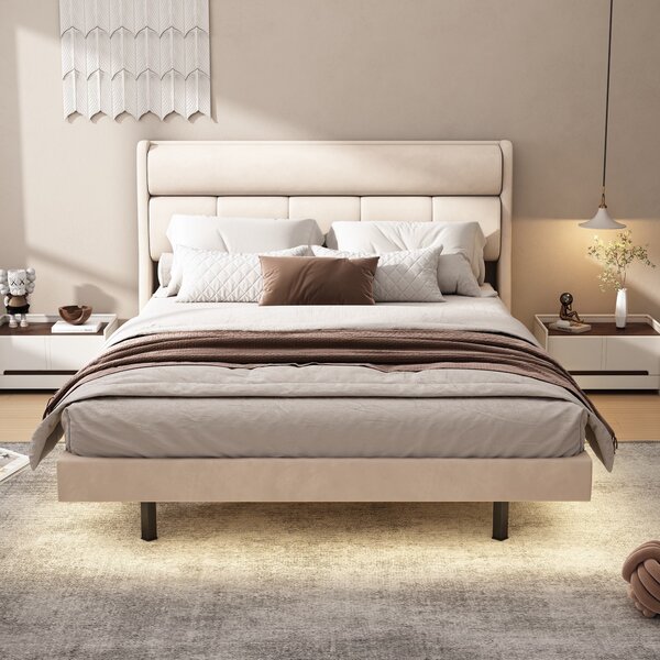 Letto imbottito moderno, con design sospeso e luce sensore, 140×200 cm,senza materasso,Beige