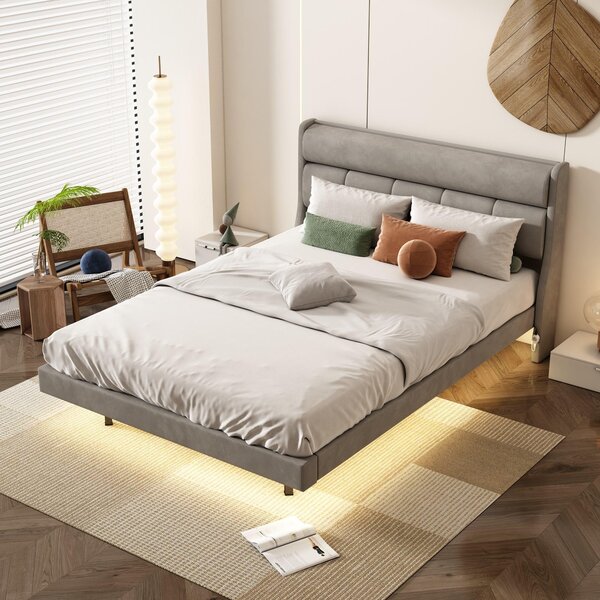 Letto imbottito moderno, con design sospeso e luce sensore, 140×200 cm,senza materasso,Grigio