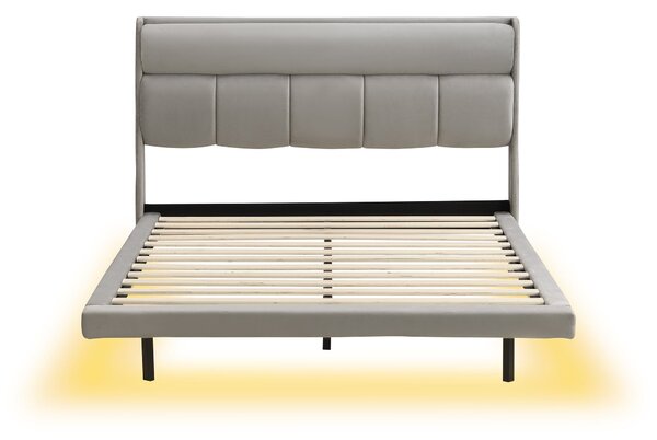 Letto imbottito moderno, con design sospeso e luce sensore, 140×200 cm,senza materasso,Grigio