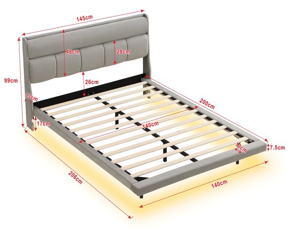 Letto imbottito moderno, con design sospeso e luce sensore, 140×200 cm,senza materasso,Grigio