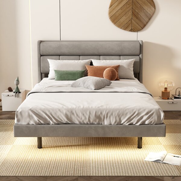 Letto imbottito moderno, con design sospeso e luce sensore, 140×200 cm,senza materasso,Grigio