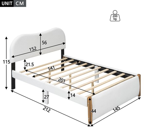 Letto imbottito con testiera bianca, 140×200 cm, senza materasso, Bianco