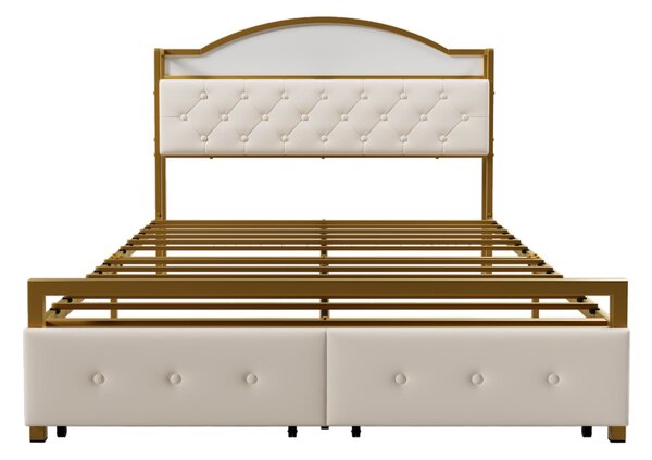 Letto a piattaforma con struttura in ferro,con vano portaoggetti integrato nella testiera, presa USB e doppio cassetto ai piedi, senza materasso,140×200 cm, Oro+Bianco