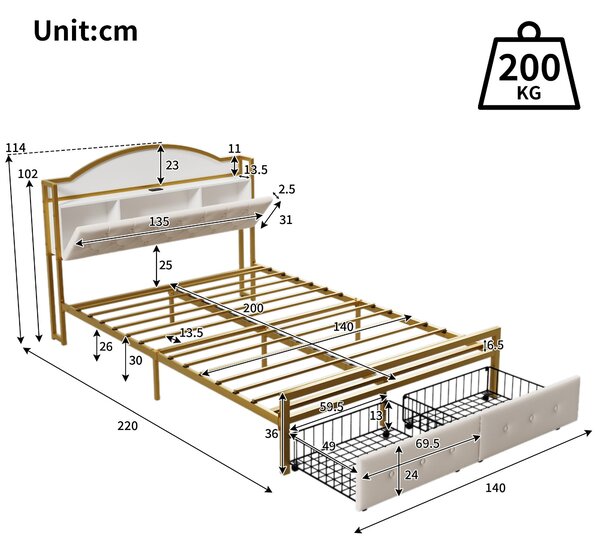 Letto a piattaforma con struttura in ferro,con vano portaoggetti integrato nella testiera, presa USB e doppio cassetto ai piedi, senza materasso,140×200 cm, Oro+Bianco
