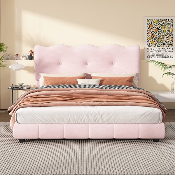 Letto imbottito con testiera ondulata e nuvola, testiera regolabile, 140×200 cm,senza materasso,Rosa