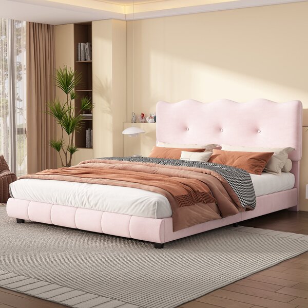 Letto imbottito con testiera ondulata e nuvola, testiera regolabile, 140×200 cm,senza materasso,Rosa