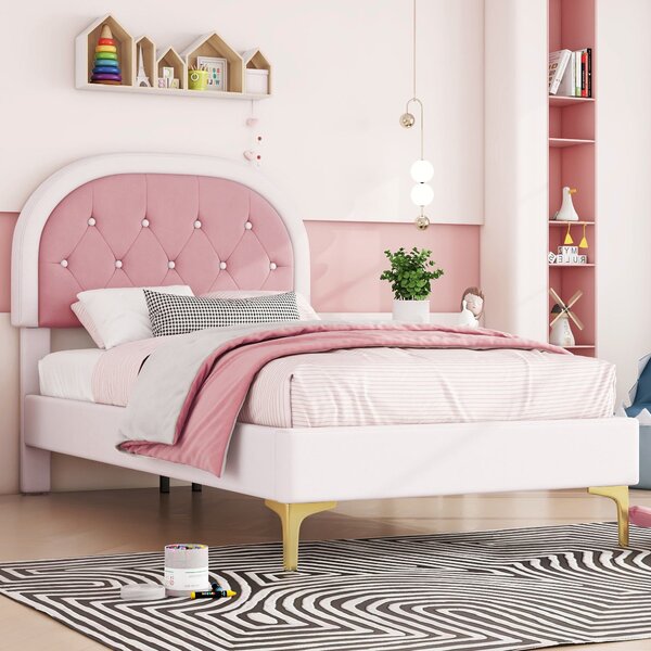 Letto imbottito con testiera curva in velluto,90×200 cm, senza materasso, Rosa