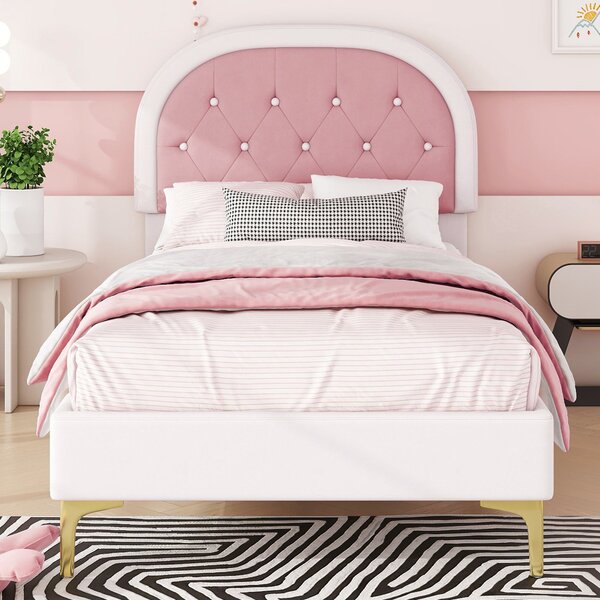 Letto imbottito con testiera curva in velluto,90×200 cm, senza materasso, Rosa