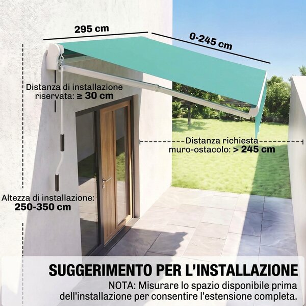 Outsunny Tenda da Sole Avvolgibile a Caduta Manuale per Porte e Finestre, in Alluminio e Poliestere Anti-UV, 295x245cm, Verde Scuro | Aosom Italy