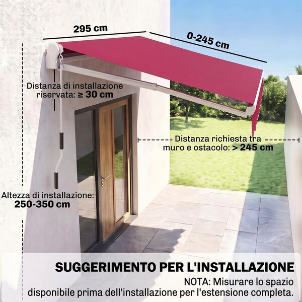 Outsunny Tenda da Sole Avvolgibile a Caduta Manuale per Porte e Finestre, in Alluminio e Poliestere Anti-UV, 295x245cm, Rosso Scuro | Aosom Italy
