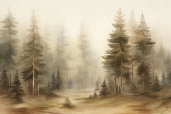 Carta da parati Una fitta foresta di alti pini avvolta da una leggera nebbia, un'opera d'arte, Carta da parati Natura, w09830 : Uwalls.it