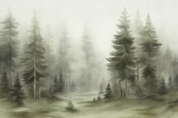 Carta da parati Una fitta foresta di alti pini avvolta da una leggera nebbia, un'opera d'arte, Carta da parati Natura, w09830v1 : Uwalls.it