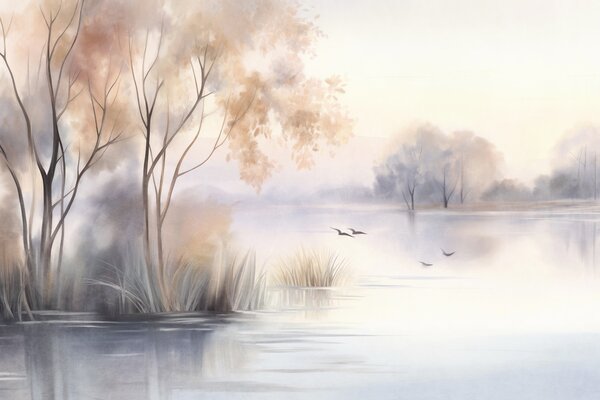 Carta da parati Paesaggio: un lago avvolto dalla nebbia con alberi e canneti, uccelli in volo, in stile, Carta da parati Natura, w09866 : Uwalls.it