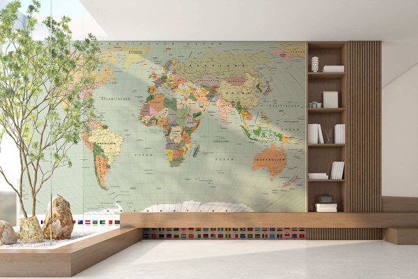 Carta da parati Una mappa politica del mondo color oliva con bandiere in tedesco, Carta da parati Buffer, c00004dev1 : Uwalls.it