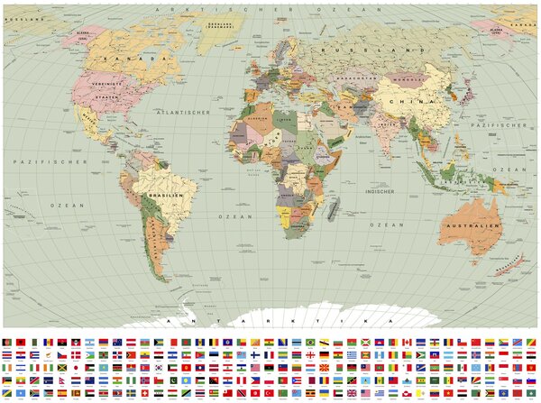 Carta da parati Una mappa politica del mondo color oliva con bandiere in tedesco, Carta da parati Buffer, c00004dev1 : Uwalls.it
