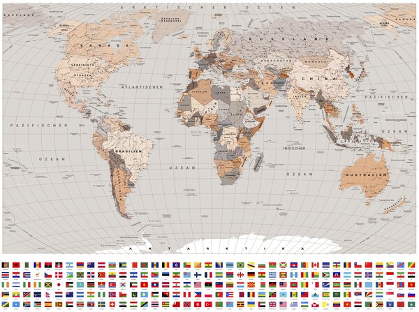 Carta da parati Una mappa politica del mondo con bandiere nei toni del marrone e del beige (in, Carta da parati Buffer, c00004dev2 : Uwalls.it
