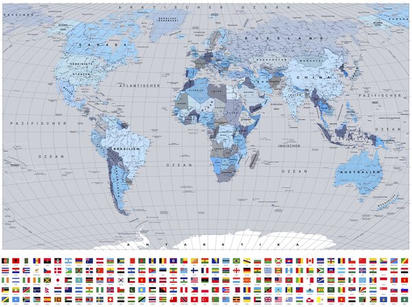 Carta da parati Una mappa politica del mondo con bandiere nei toni del blu (in tedesco), Carta da parati Buffer, c00004dev3 : Uwalls.it