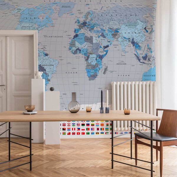 Carta da parati Una mappa politica del mondo con bandiere nei toni del blu (in tedesco), Carta da parati Buffer, c00004dev3 : Uwalls.it