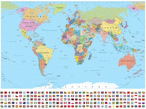 Carta da parati Una mappa politica del mondo color oliva con le bandiere, in ucraino, Carta da parati Mappa del Mondo, c00004uk : Uwalls.it