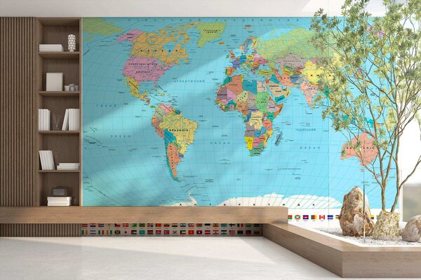 Carta da parati Una mappa politica del mondo color oliva con le bandiere, in ucraino, Carta da parati Mappa del Mondo, c00004uk : Uwalls.it