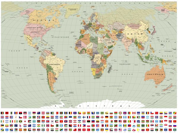 Carta da parati Una mappa politica del mondo a colori con le bandiere, in ucraino, Carta da parati Mappa del Mondo, c00004ukv1 : Uwalls.it