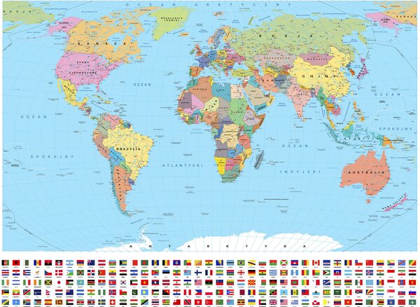 Carta da parati Una mappa politica del mondo color oliva con bandiere in polacco, Carta da parati Mappa del Mondo, c00004pl : Uwalls.it
