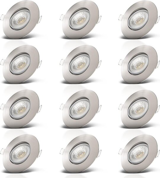 B.K.Licht Faretti LED da incasso ultrapiatti orientabili, LED integrati 5W, foro Ø68mm, luce calda 3000K, 460Lm, set di 12 faretti da soffitto rotondi, plastica color nichel opaco 230V IP23