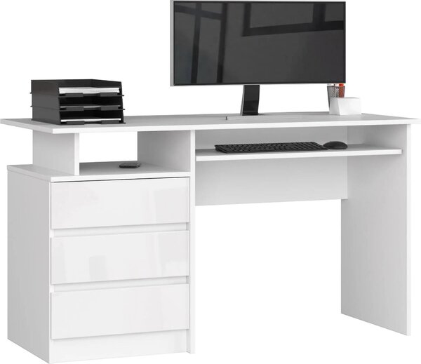 Scrivania CLP 135 cm Bianco Lucido con 3 Cassetti e Ripiano Estraibile