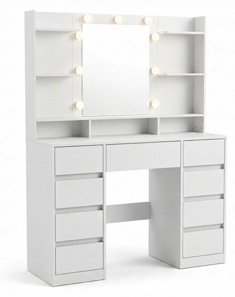 Relaxdays, tavolino da trucco con specchio a LED e contenitore superiore, tavolino da parrucco, 9 cassetti, dimensioni: 144x107x40 cm, tavolino per cosmetici, bianco