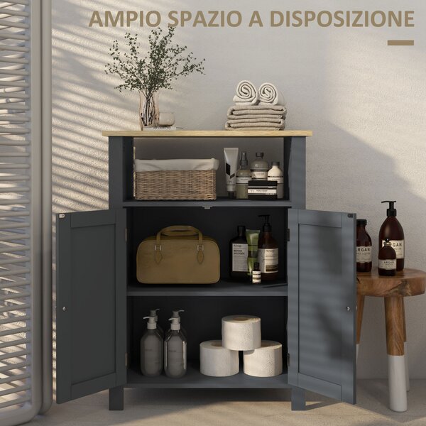 Kleankin Mobiletto Bagno Sottolavabo, Armadietto da Bagno, 3 Ripiani, Ripiano Interno Regolabile, 2 Ante, Grigio, 60x30x80.5cm | Aosom