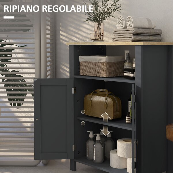 Kleankin Mobiletto Bagno Sottolavabo, Armadietto da Bagno, 3 Ripiani, Ripiano Interno Regolabile, 2 Ante, Grigio, 60x30x80.5cm | Aosom