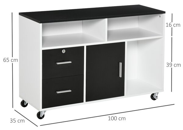 HOMCOM Mobiletto Multiuso minimalista per stampante, Ufficio e Casa con Cassetti di chiave e 4 ruote, 100x35x65cm, Nero e Bianco | Aosom Italy
