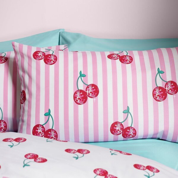 Set copripiumino e federa bianco e rosa per letto matrimoniale 200x200 cm Disco Cherries Stripes – Catherine Lansfield