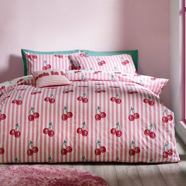 Set copripiumino e federa bianco e rosa per letto matrimoniale 200x200 cm Disco Cherries Stripes – Catherine Lansfield