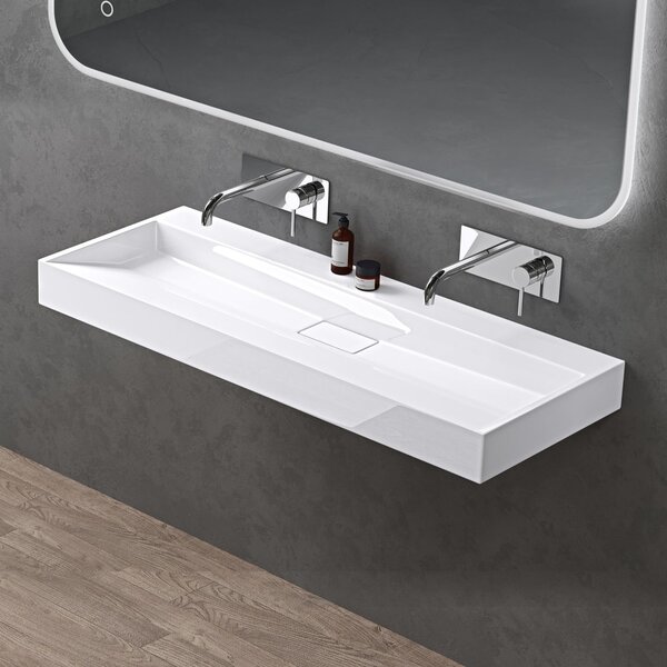 Doporro Lavabo da Appoggio Bagno Sospeso Lavandino Rettangolare in Marmoresina con Piletta di Scarico Inclusa Colossum19, 120x46x11 cm Bianco Lucido Senza Foro per Rubinetto