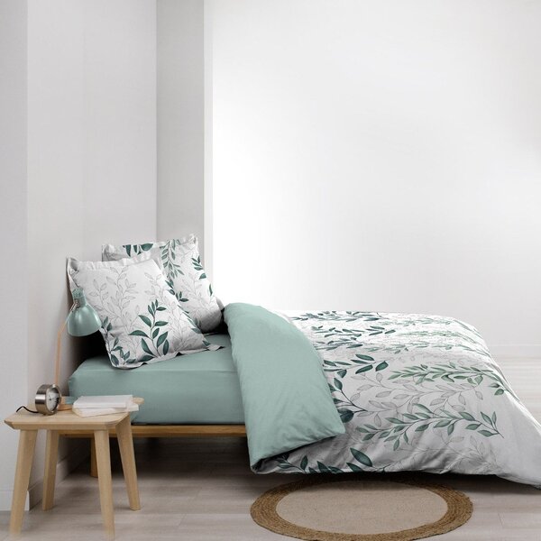 Set copripiumino e federa bianco/verde in percalle di cotone per letto matrimoniale ed esteso 240x220 cm Wendy – douceur d'intérieur