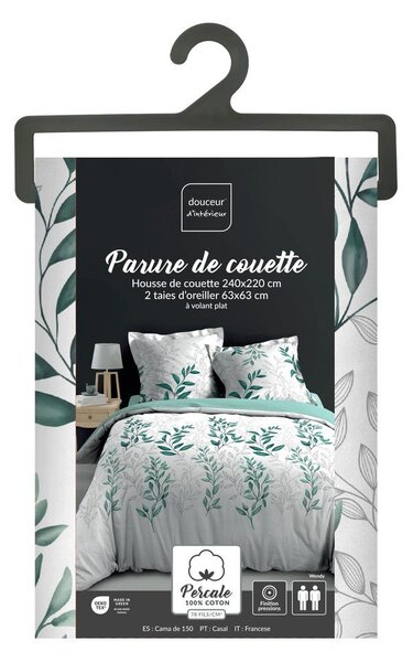 Set copripiumino e federa bianco/verde in percalle di cotone per letto matrimoniale ed esteso 240x220 cm Wendy – douceur d'intérieur