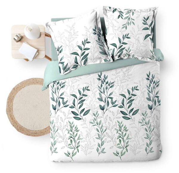 Set copripiumino e federa bianco/verde in percalle di cotone per letto matrimoniale ed esteso 240x220 cm Wendy – douceur d'intérieur