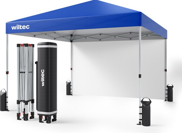 Gazebo pieghevole Wiltec 3 x 3 m blu con ruote, gazebo pieghevole con tecnologia "One Push", gazebo da giardino con protezione UV 50+, gazebo per campeggio