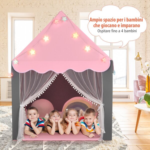 Costway Tenda da gioco per bambini con tappetino lavabile, Tenda castello fatato con luci a forma di stella Rosa