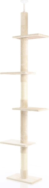 Fudajo tiragraffi a soffitto 230-276 cm in beige, tiragraffi per gatti con 4 livelli, albero per gatti con tenditore a soffitto regolabile in altezza, arredamento per gatti con sisal